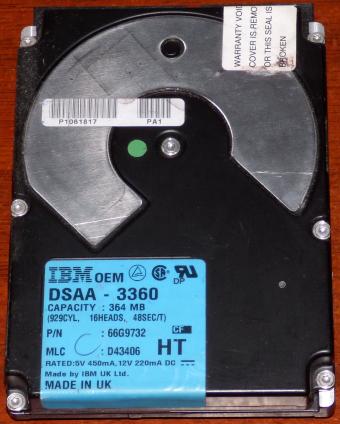 IBM DSAA-3360 DESKSTAR 34GXP IDE 365MB HDD P/N: 66G9732 MLC: D43406 Made in UK 1993